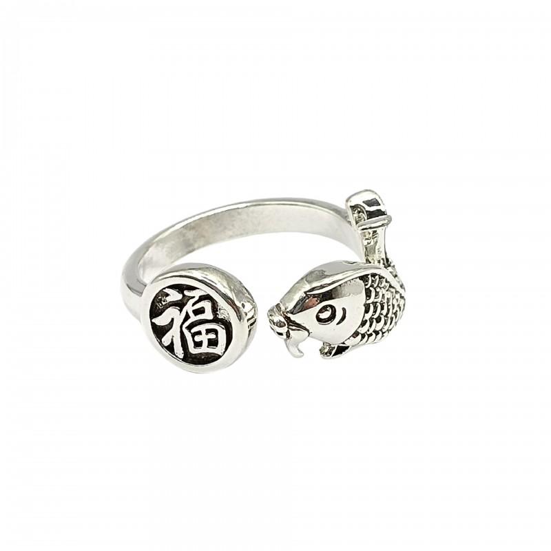Adjustable Open Ring With Vintage Fortune Character Koi Fish Design Sterling Boho Retro Womens Statement Jewelry