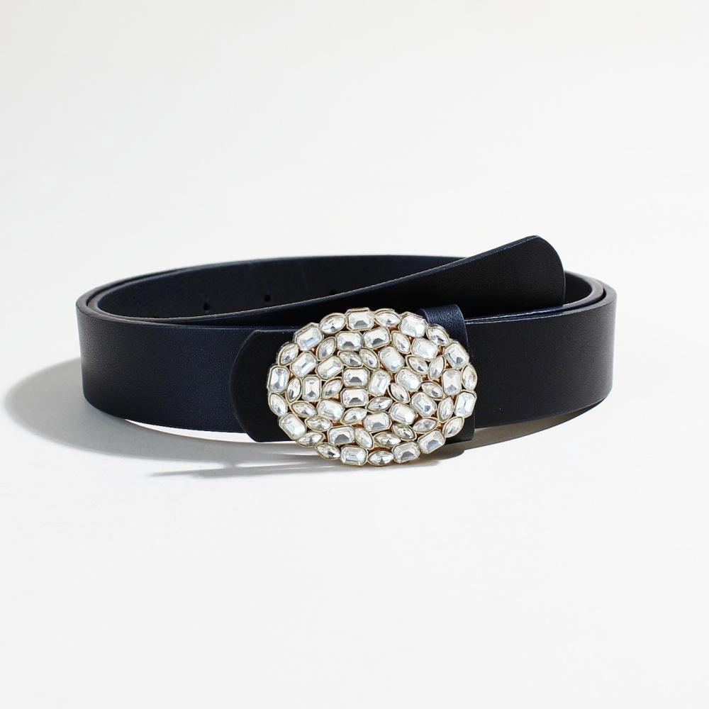 

Oval Diamond Buckle Belt Women S Premium Fine Pearl Rhinestone Decorative Dress Waist Seal Pu Black Small Belt 105cm long