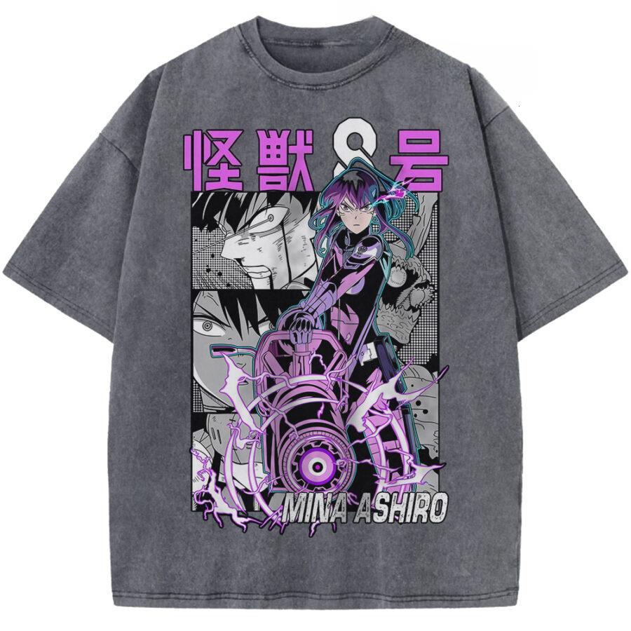 Kaiju Nr. 8 Ashiro Mina spausdinami marškinėliai vyrams moterims Retro skalauti marškinėliai Oversized medvilninis marškinėlis Laisvalaikio drabužiai Harajuku marškinėlis