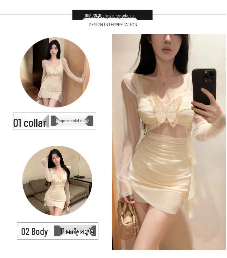 Schmetterling Quadratischer Ausschnitt Sexy Langarm Netz Bodycon Kleid