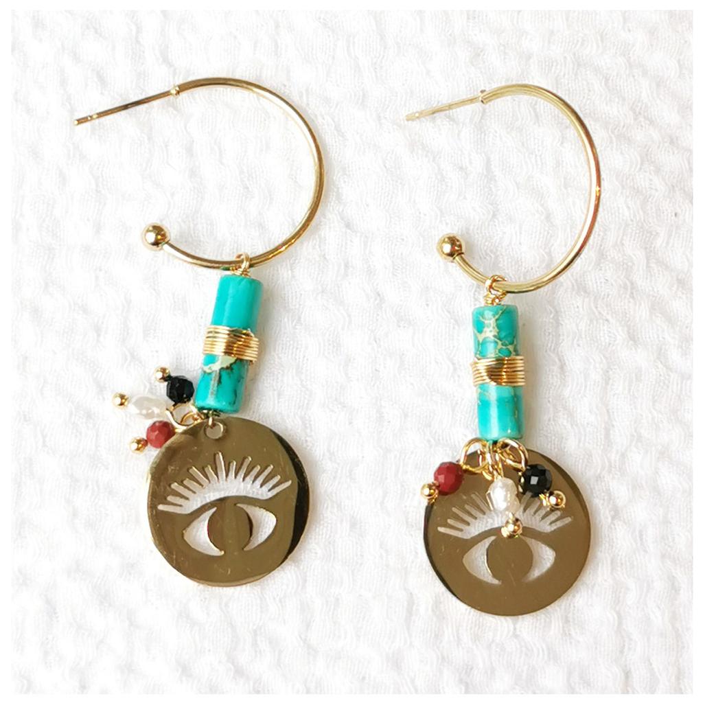 Les Trésors De Lily [R6334] - Créoles créateur acier 'Cléopatra' turquoise doré - 20 mm-  30x16 mm (oeil)