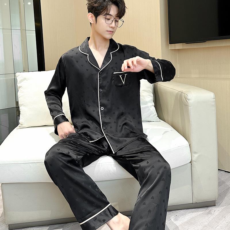 

Ice Silk Men s Plus Size Heart Jacquard Pajamas - Long Sleeve, Spring/Autumn XXL