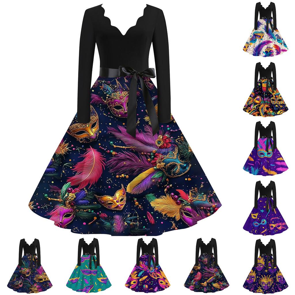 Damen Casual Fashion V-Ausschnitt Langarm Karneval Print Vintage Kleid