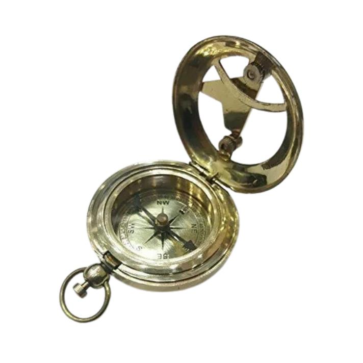 Solid Brass Vintage Push Button Pocket Sundial Camping Hiking Pocket Compass New