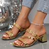 Summer New Women's Sandals and Slippers with Medium Heel Thick Heel Women's Slippers with Open Toe High Heel Rhinestones