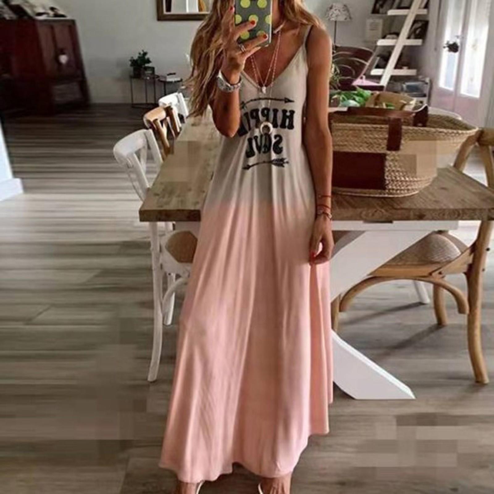 Women s fashion sexy dress loose V-neck gradient color print  dress M