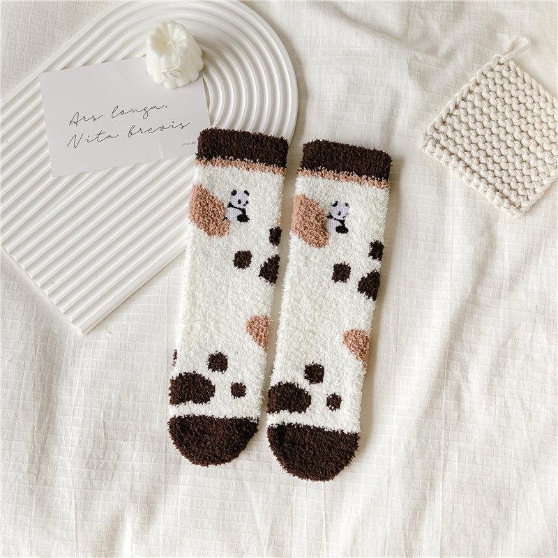 Autumn and Winter Half-fleece Cute Panda Socks for Women, Thickened Coral Fleece Warm Embroidered Cartoon Panda Mid-calf Socks