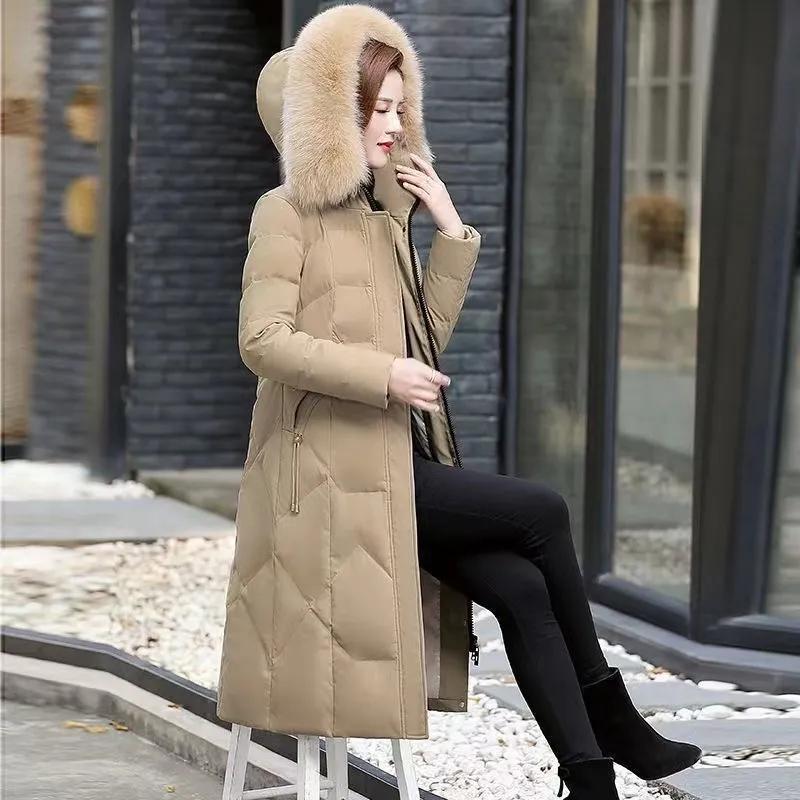 Women Winter Temperament Elegant Long Embroidered Warm Coat Solid Color Hooded Slim Jacket