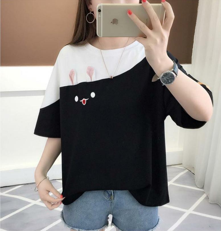 2026 Summer Korean Style Embroidered Rabbit Color Block T-shirt - Women's Loose Fit Short Sleeve Top