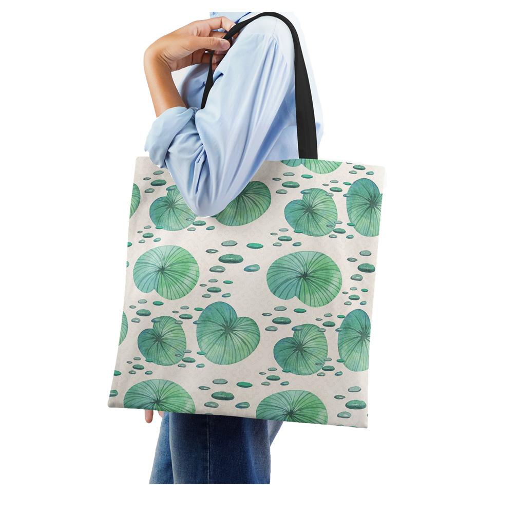 Lotus Leaf Bamboo Print Shopping Bags Women Folding Reusable Tote Shoulder Bag Scenery Canvas Casual Groceries Handbags 2022 CLE