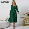 Frühling und Herbst frauen Kleid Einfarbig Langarm Schlank Temperament Elegante Falten Gürtel V-ausschnitt Kleider