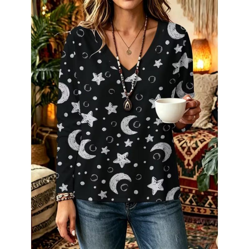 Autumn and Winter Women's Long-sleeved V-neck T-shirt