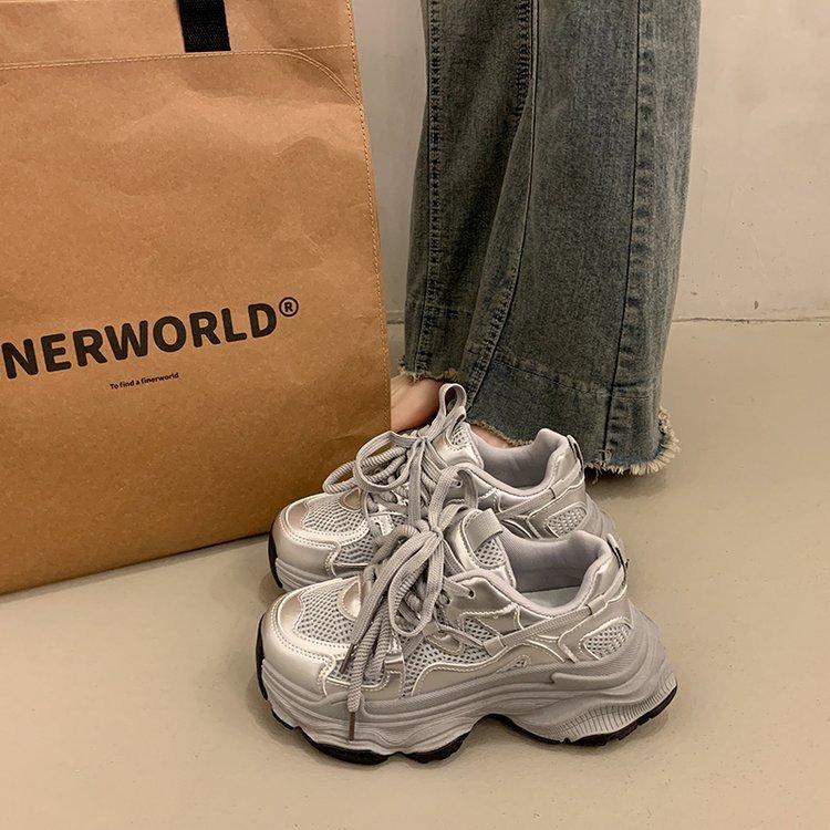 Popular muffin thick-soled dad shoes increase in height for small people in summer, new mesh breathable casual sports shoes for women