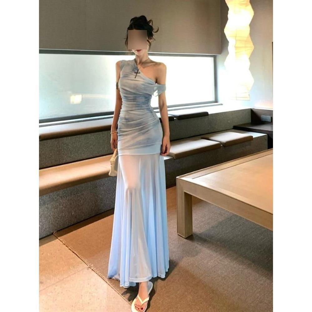 Long dress style one-word shoulder waist mesh hip skirt casual summer new dress skirt women's clothing