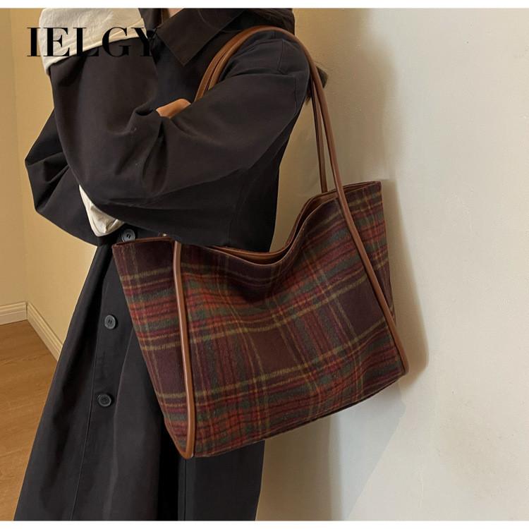 Ielgy Woolen Plaid Large-Capacity Tote Bag All-Match Casual One-Shoulder Class Com