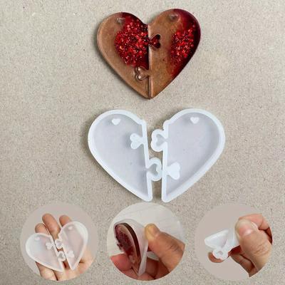 3Pcs Heart Puzzle Key Chain Silicone Mold, Couple Pendant Heart Lover Puzzle Resin Casting Mold With Hole, Diy Jewelry Making