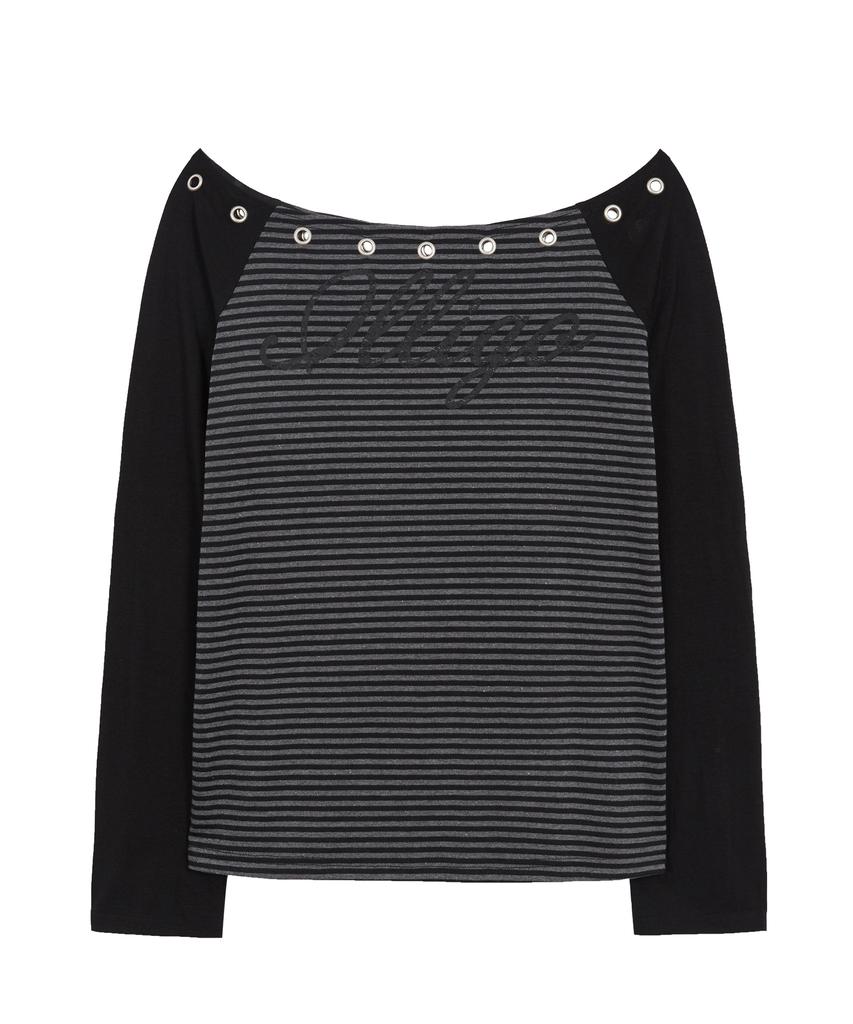 ILLIGO Raglan Off-Shoulder Long Sleeve Striped Charcoal
