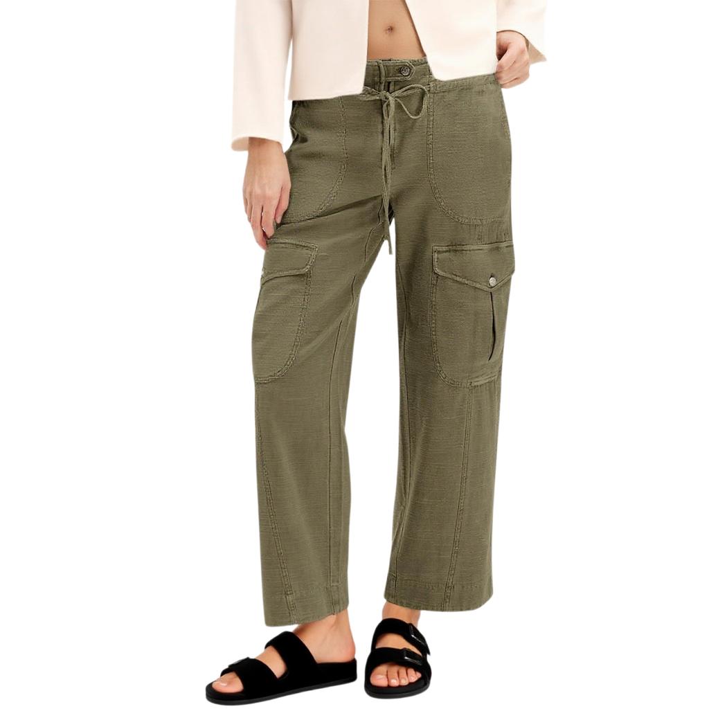 Women's Cotton Overalls Low-Rise Drawstring Wide-Leg Casual Hiking Pants With Multiple Pockets