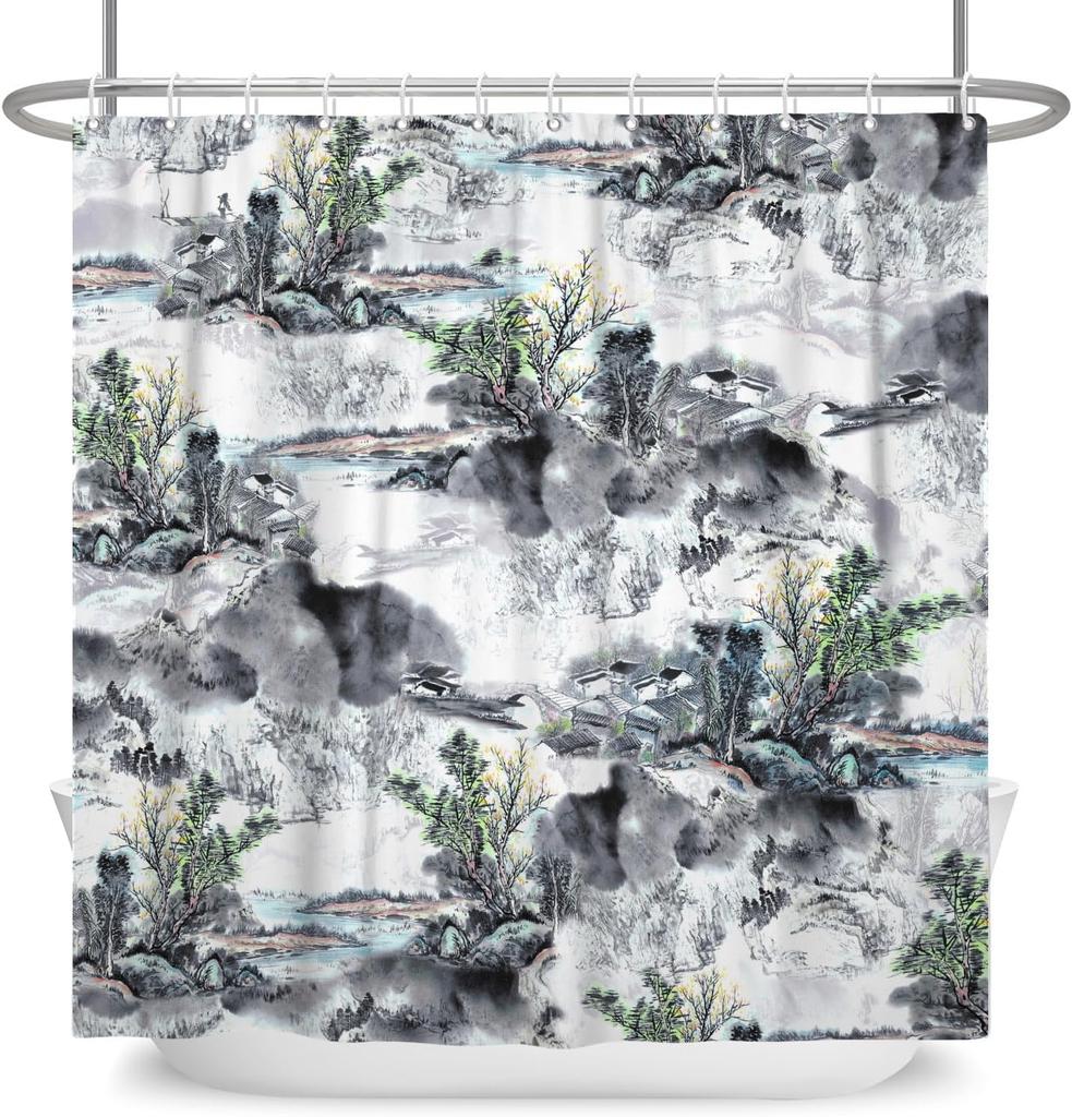 Japanese Ink Shower Curtain Fog Mountain Boat Wild Goose Natural Landscape Outdoor Bathroom Decoration Hook Shower Curtain
