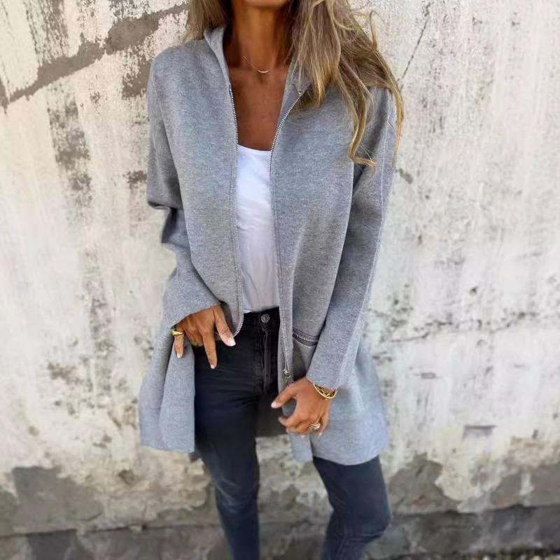 Damen Langarm Kapuzen Strickmantel Locker Lässig Mittellang