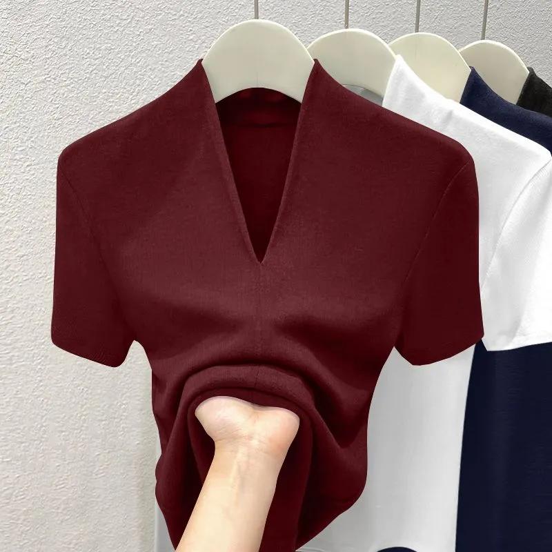 Women's Summer Threaded V-neck Short Sleeved T-shirt Slim Fit and Slimming, Solid Color Base Top
