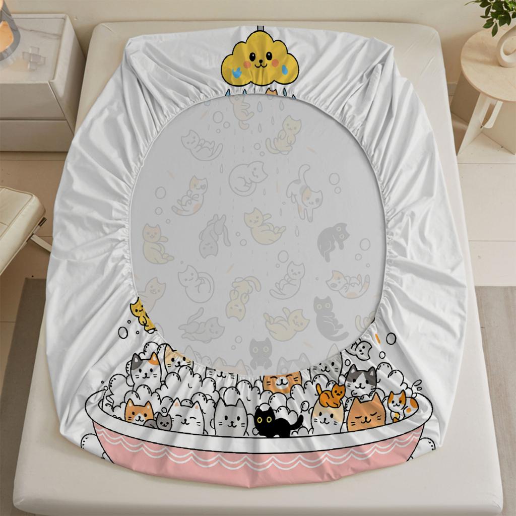 Cute Cats In Bathtub Fitted Sheet Set White Cartoon Cat Pattern With Pillowcases For Bedroom