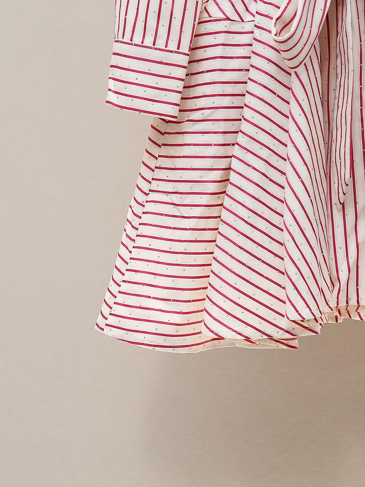 M Familie Herbst Französischer Chic Rosa Gestreiftes Strass-Bindekleid für Damen