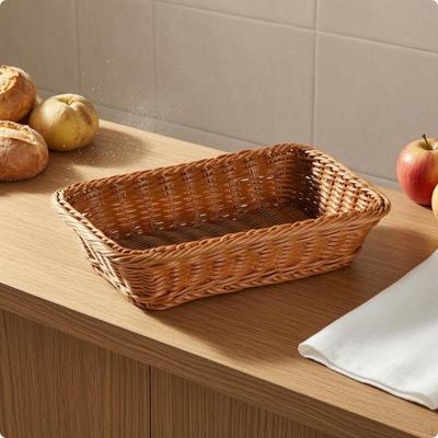 Rectangular Rattan Basket Woven Rim Wicker Storage Tray Multipurpose