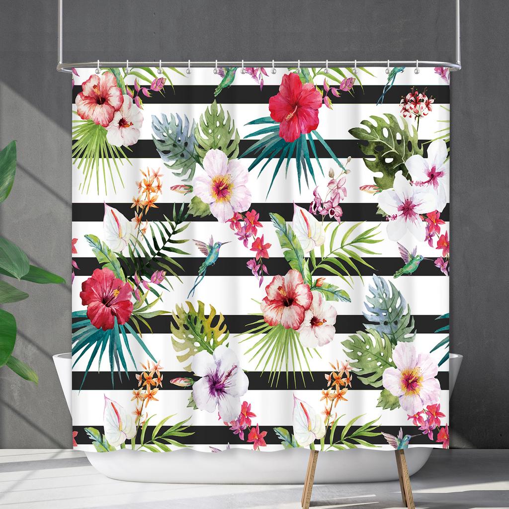 Shower Curtain Waterproof and Mildew-proof Digital Printing Horizontal Strip Plant Flower Printing Shower Curtain Partition Curtain Free Punching