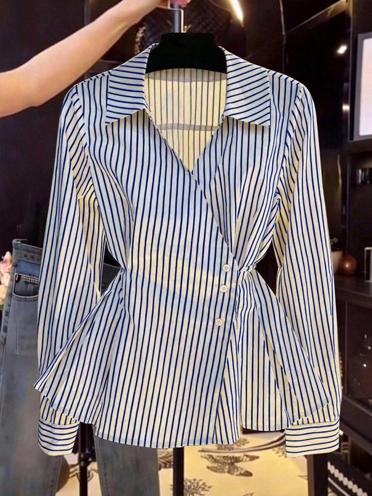 Women's Autumn 2025 Slimming Striped Long Sleeve Shirt with Irregular Waist-Cinching - Chic and Niche Style