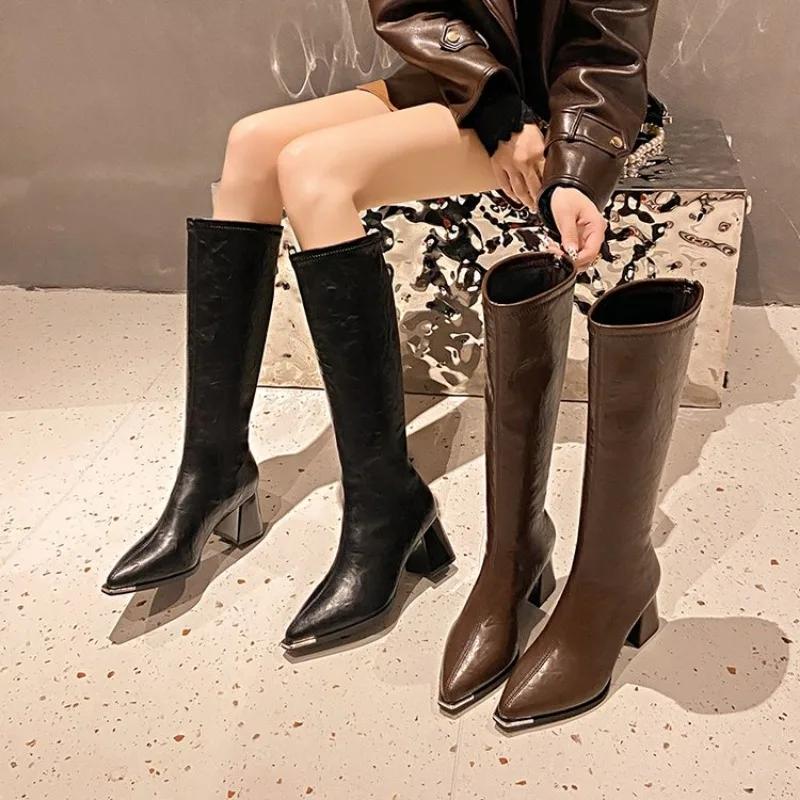 Fashion 2024 Chunk Leather Knee High Boots Women Pointer Toe Heels Shoes Woman Trend Chelsea Boots New Fad Pumps Mujer Snow  Botas