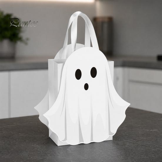 Paper Candy Bag Halloween Ghost Gift Bag, White Pouch with Cute Face, Trick or Party Favor Treat for Party, Kids Goodie Prizes