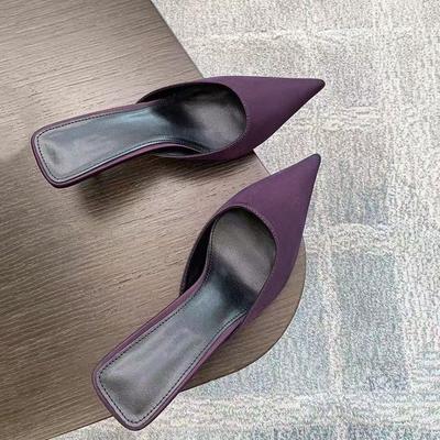 2025 Autumn New Bag Head Small Single Shoes Black Satin High Heels Women's Pointed Head Rear Empty Cool Slippers Half Drag Muller Shoes