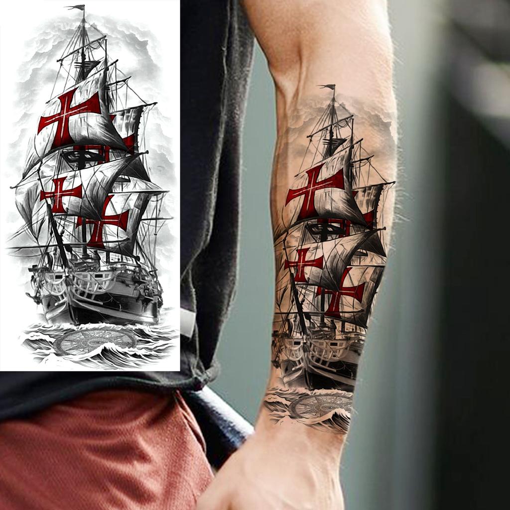 1 Foglio Impermeabile Nave Pirata Vela Tatuaggi Temporanei Per Uomo Donna Bussola Realistica Orologio Tatuaggio Finto Adesivo Lunga Durata