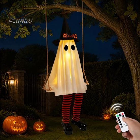 Ijesztő Tornácra Akasztható Díszek Halloween Lengő Szellem Dekoráció, Világító Nagy Lengő Fesztivál Hangulatú Kellékek Boszorkánykalap és Csíkos Lábak ehhez