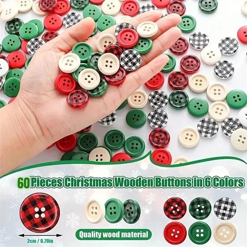 60 Pieces, Christmas Wooden Buttons, 6 Colors, 0.79 Inches, Plaid Wooden Buttons, 4 Holes, Black And Red Wooden Buttons, Plaid