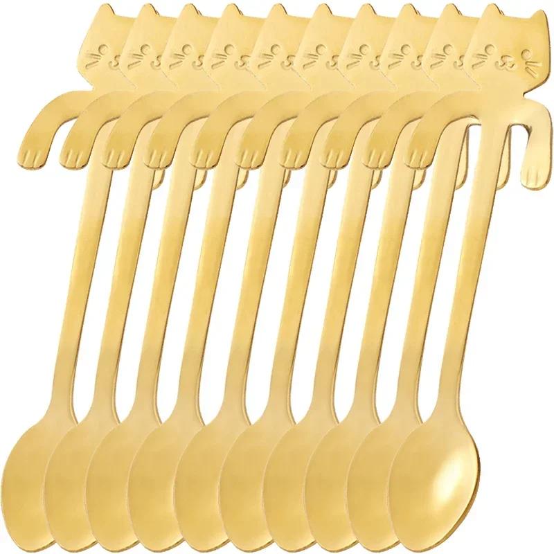 

Mini Cute Cat Shaped Coffee Spoon Stainless Steel Ice Cream Dessert Spoons Teaspoons Kitchen Scoops Tableware Gadgets Wholesale 1PC золотой