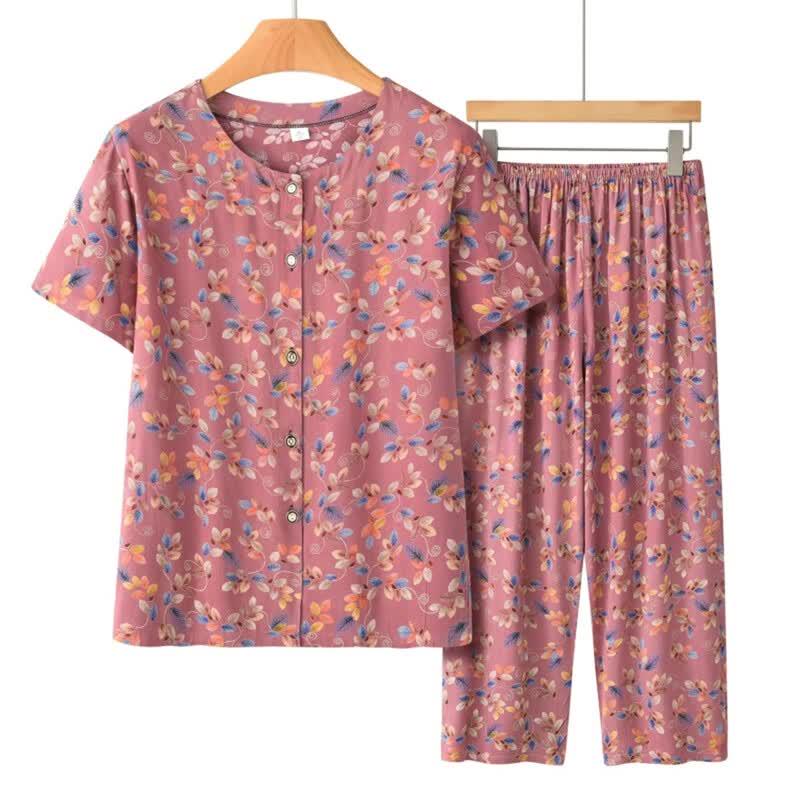 Datang Furen Mid-Aged Women's Floral Print Short Sleeve Capri Loungewear Set