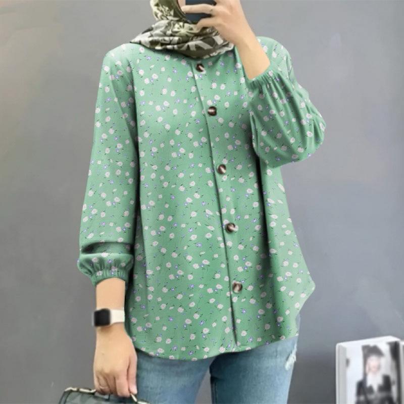 2025 New Women's Muslim Floral Shirt with Fashion Puff Sleeves