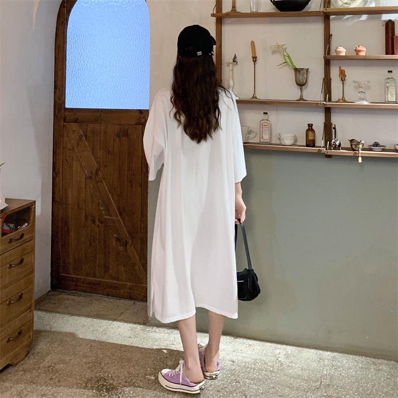 Women's Korean Style Cotton Short-Sleeve Loose Casual Plus Size Long Dress for Summer Maternity and Nightwear