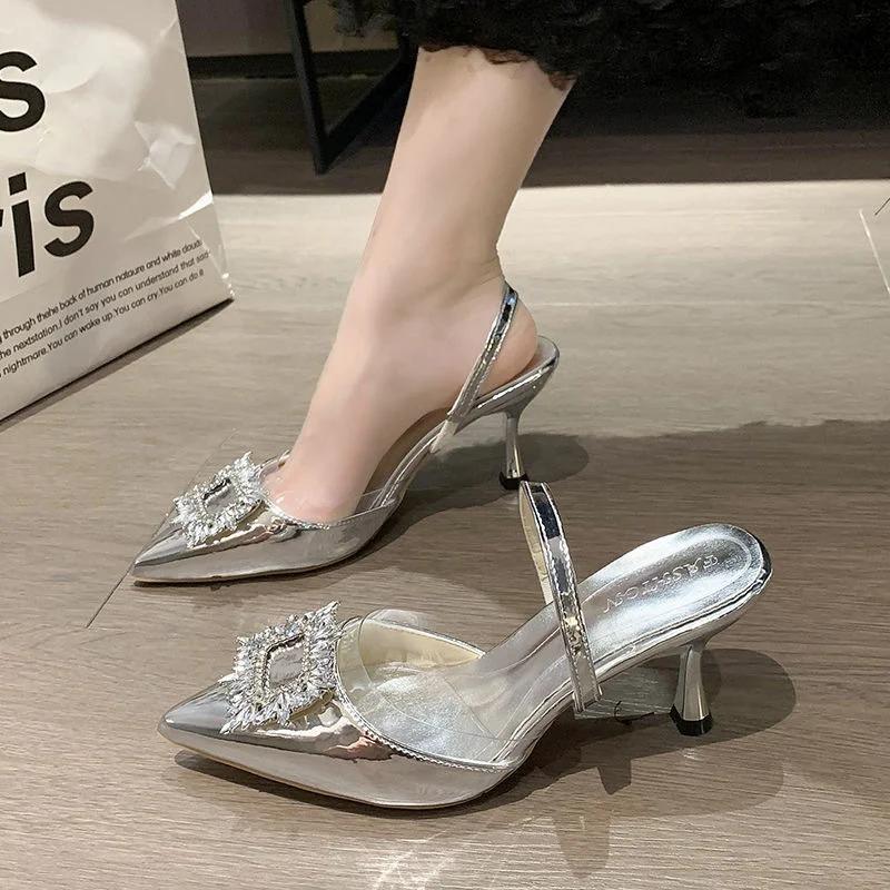 Brand Designer Silver High Heels Sandals Women 2025 Summer Crystal Square Buckle Sandals Woman Pointed Toe Slingbacks Party Shoe