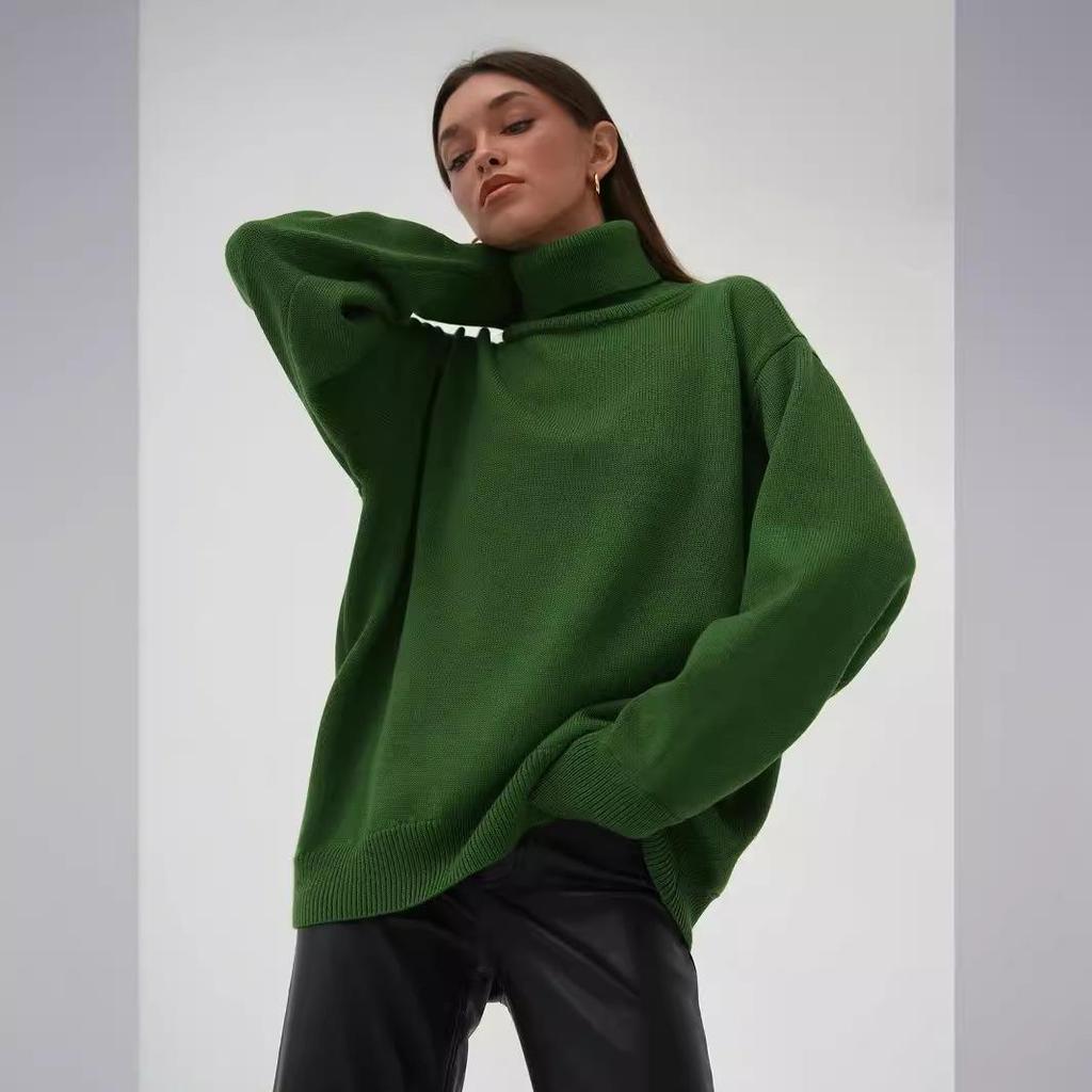 Autumn/Winter 2024 Solid Color High-Neck Casual Loose Knit Sweater