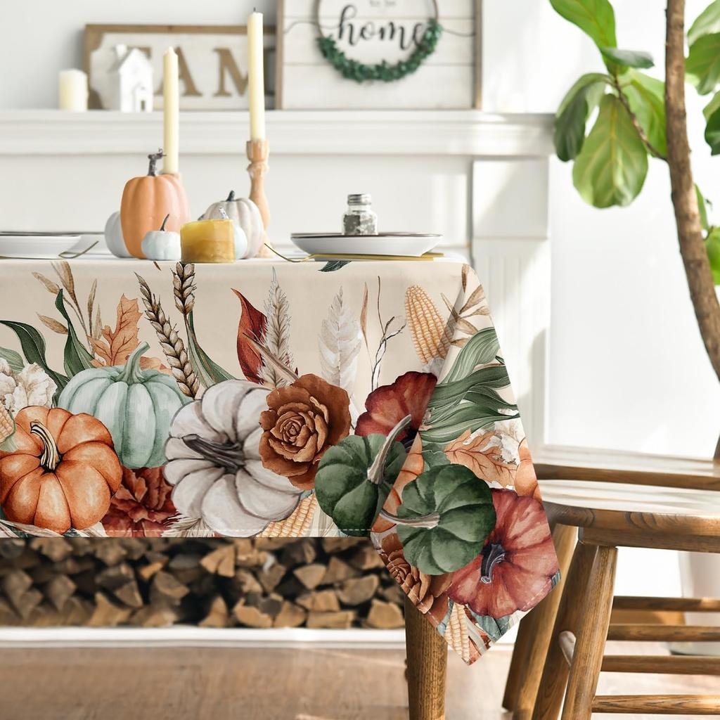 Horaldaily Fall Tablecloth 60×84 Inch Rectangular, Flower Autumn Harvest Pumpkin Washable Seasonal Table Cover for Party Picnic Dinner Decor