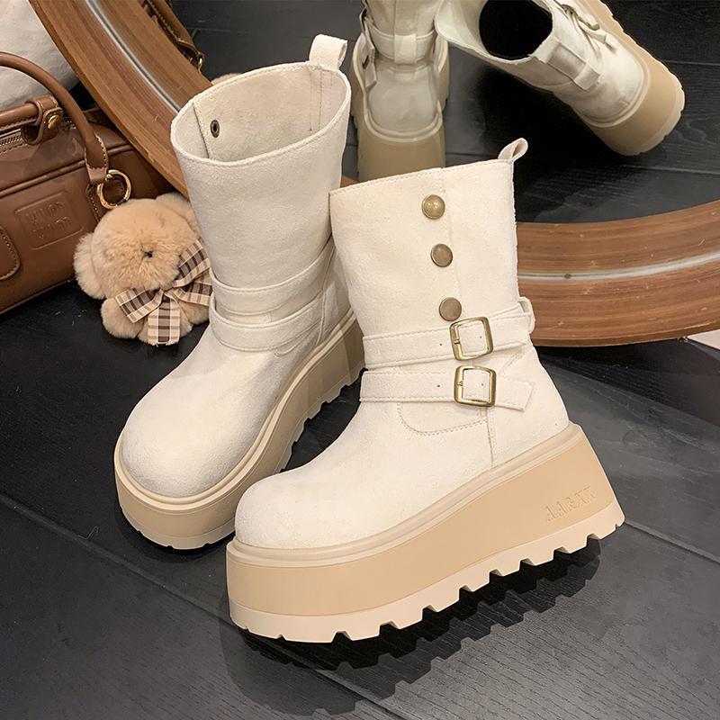 Fashion Winter Platform Thick Bottom Women Ankle Boots Height Increase Punk Women's Shoes Female Belt Buckle Slip On Short Booties