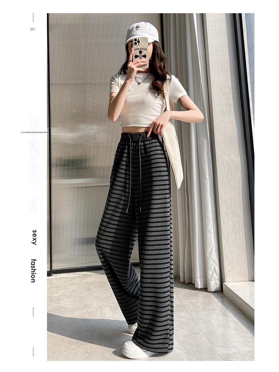 

Women’s High Waist Striped Slim Straight Pants - Breathable, Casual, and Versatile Trousers M (90-105 jin) черный серый