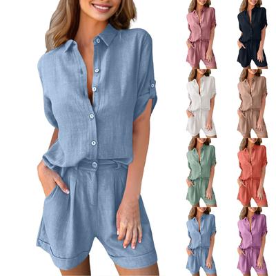 Women's Fashion Casual Summer New Cotton And Linen Short Sleeve Shorts Casual Suit
