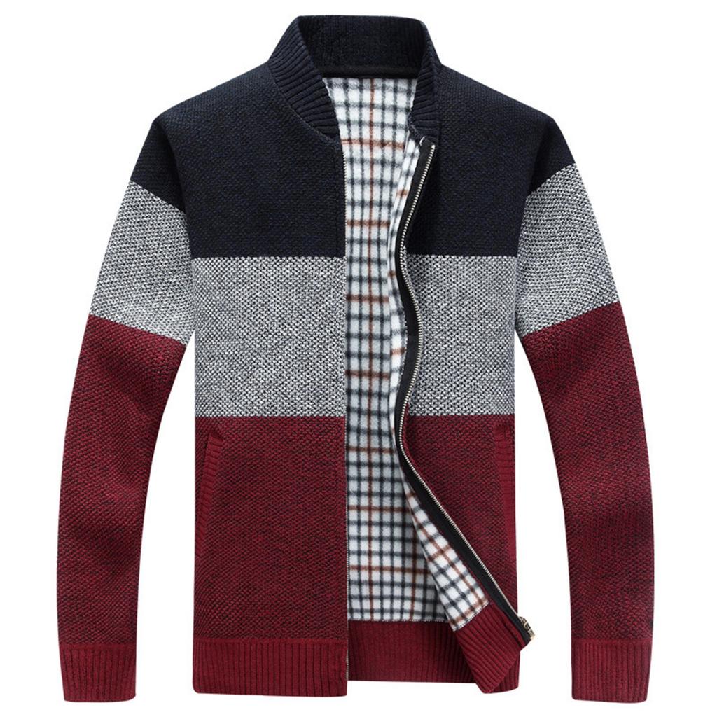 Men's Long-sleeved Stand-up Collar Colorblock Plush Thickened Cardigan Sweater Slim Fit Casual Sweater