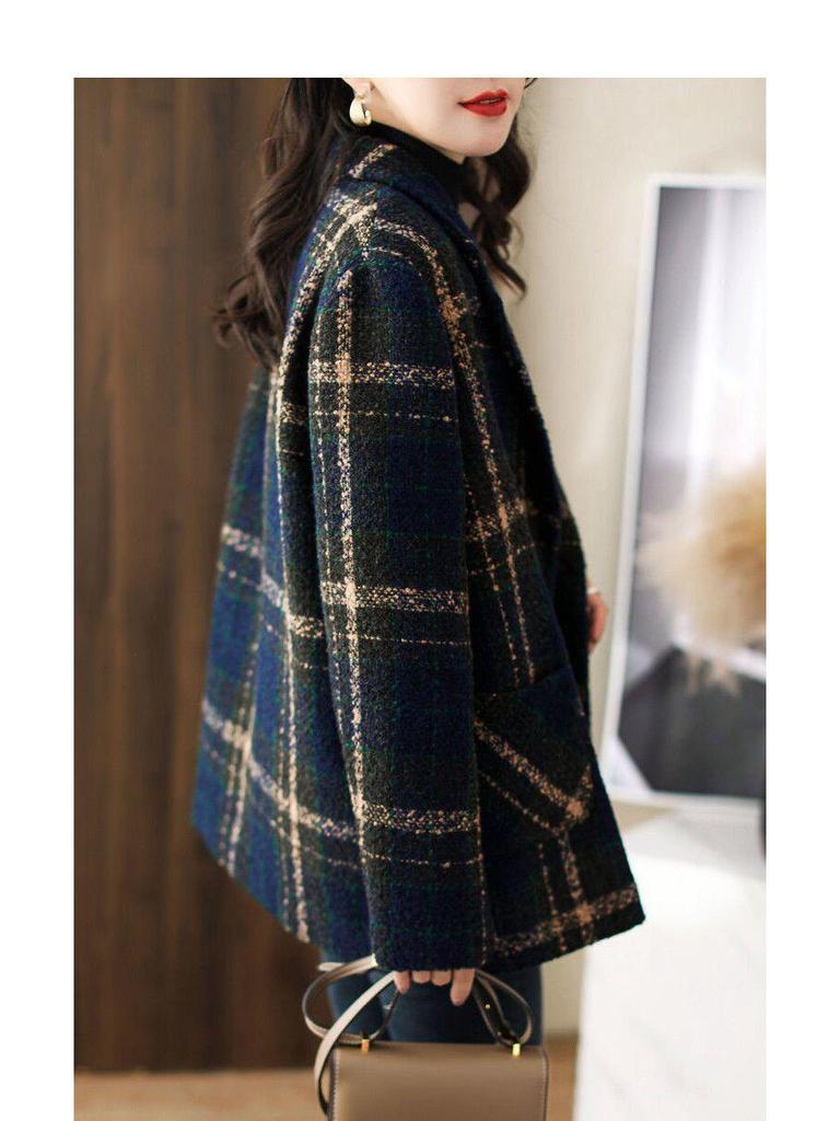 2025 Winter Übergröße Koreanischer Schlankmachender Vintage Karomuster Wollmantel für Damen