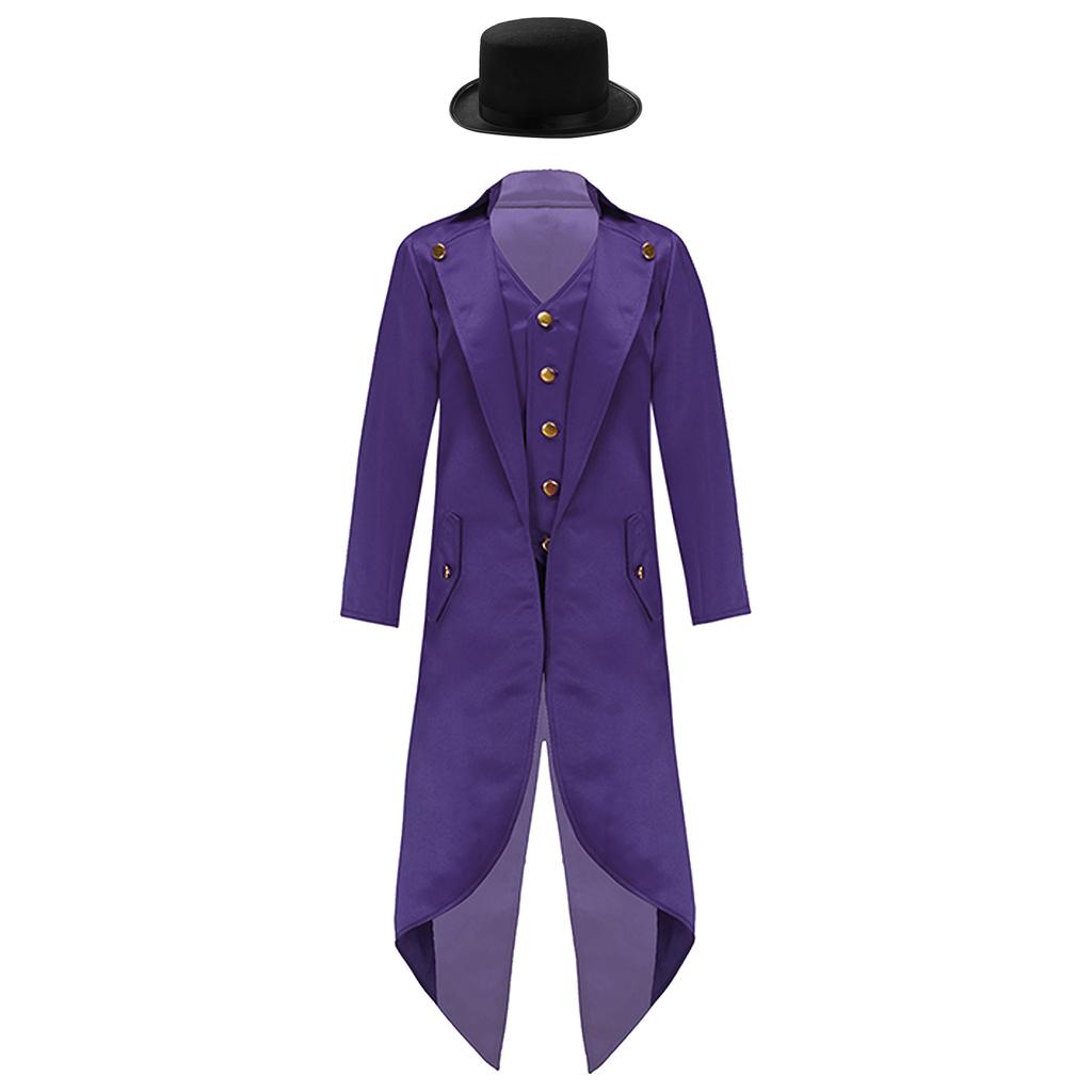 Kids Victorian Costume Retro Renaissance Tailcoat Jacket Gold Buttons Felt Hat Magician Ringmaster Party Outfit