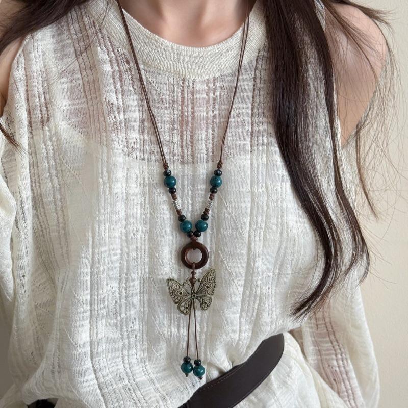 Vintage náhrdelník v bohémském stylu pro dívku, etnický styl, keramický přívěsek s motýlem, náhrdelník, šperk, dárek